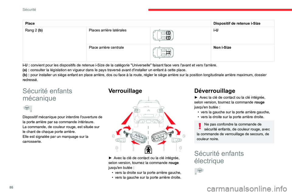CITROEN C3 AIRCROSS 2021  Notices Demploi (in French) 86
Sécurité
PlaceDispositif de retenue i-Size
Rang 2 (b)Places arrière latérales 
 
i-U
Place arrière centrale
 
 
Non i-Size
i-U : convient pour les dispositifs de retenue i-Size de la catégori