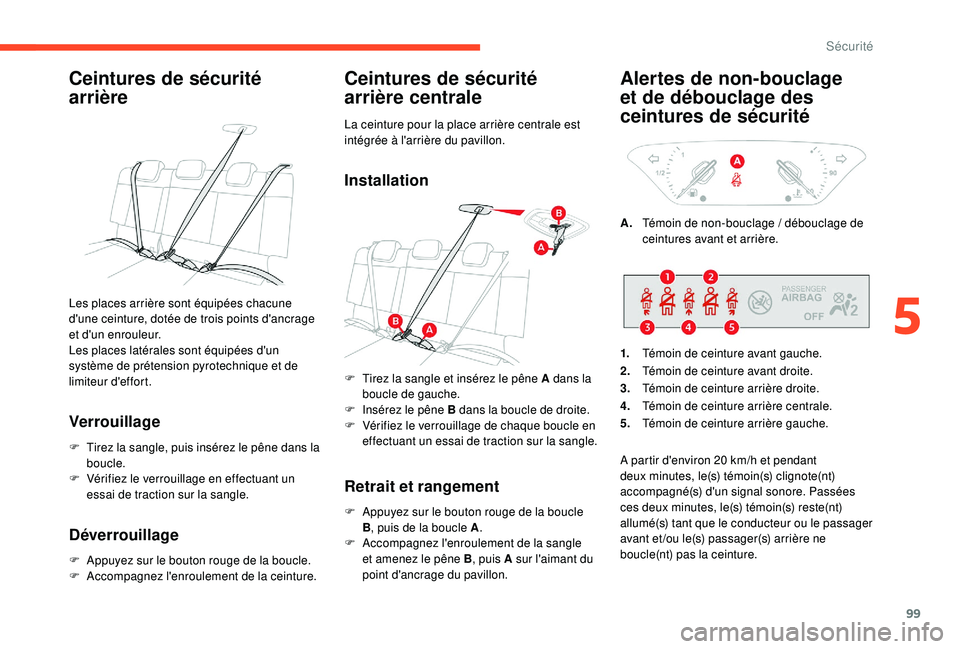CITROEN C3 AIRCROSS 2019 Notices Demploi (in French) 99
Ceintures de sécurité
arrière
Verrouillage
F Tirez la sangle, puis insérez le pêne dans la boucle.
F
V
érifiez le verrouillage en effectuant un
essai de traction sur la sangle.
Déverrou CITROEN C3 AIRCROSS 2019 Notices Demploi (in French) 99
Ceintures de sécurité
arrière
Verrouillage
F Tirez la sangle, puis insérez le pêne dans la boucle.
F
V
érifiez le verrouillage en effectuant un
essai de traction sur la sangle.
Déverrou