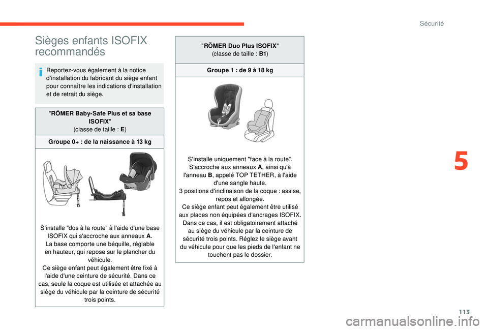 CITROEN C3 AIRCROSS 2019 Notices Demploi (in French) 113
Sièges enfants ISOFIX
recommandés
Reportez-vous également à la notice
d'installation du fabricant du siège enfant
pour connaître les indications d'installation
et de retrait du s CITROEN C3 AIRCROSS 2019 Notices Demploi (in French) 113
Sièges enfants ISOFIX
recommandés
Reportez-vous également à la notice
d'installation du fabricant du siège enfant
pour connaître les indications d'installation
et de retrait du s