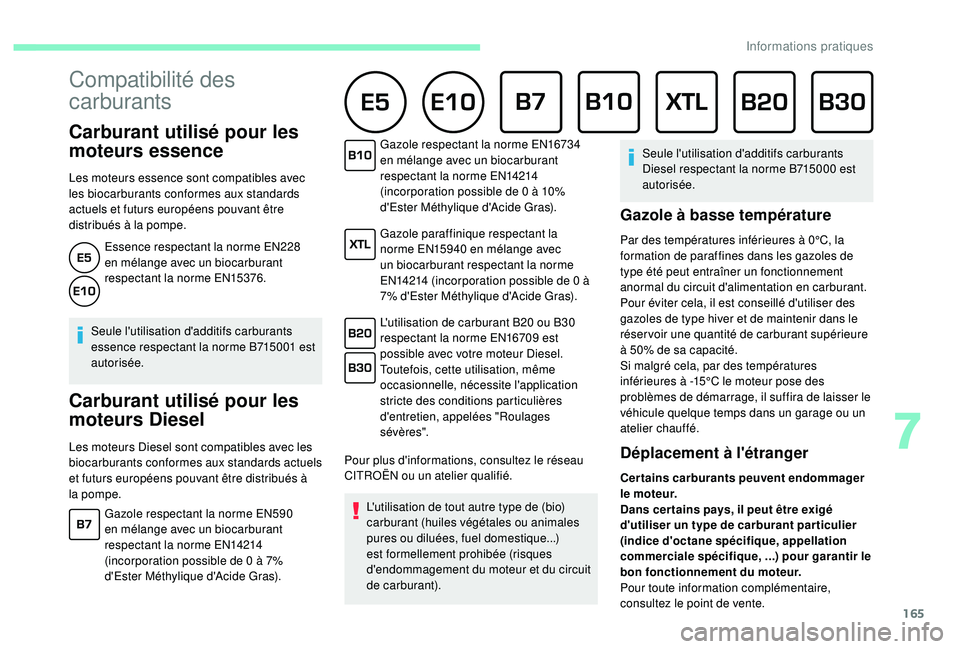 CITROEN C3 AIRCROSS 2019 Notices Demploi (in French) 165
Carburant utilisé pour les
moteurs essence
Les moteurs essence sont compatibles avec
les biocarburants conformes aux standards
actuels et futurs européens pouvant être
distribués à CITROEN C3 AIRCROSS 2019 Notices Demploi (in French) 165
Carburant utilisé pour les
moteurs essence
Les moteurs essence sont compatibles avec
les biocarburants conformes aux standards
actuels et futurs européens pouvant être
distribués à