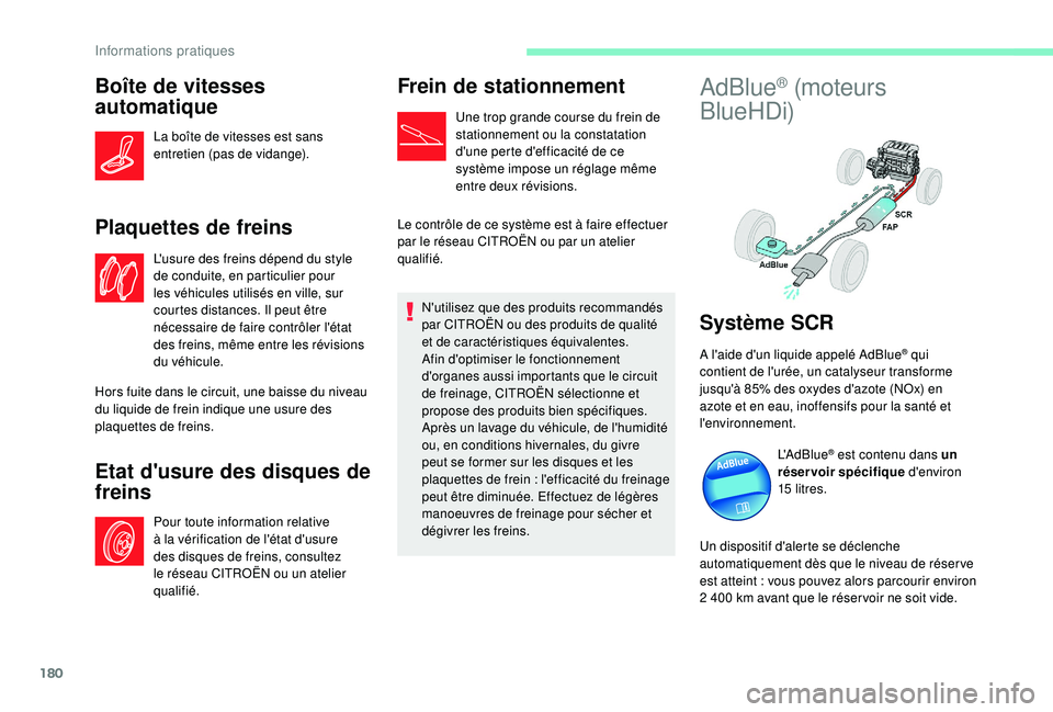 CITROEN C3 AIRCROSS 2019 Notices Demploi (in French) 180
Boîte de vitesses
automatique
La boîte de vitesses est sans
entretien (pas de vidange).
Plaquettes de freins
L'usure des freins dépend du style
de conduite, en particulier pour
les véh CITROEN C3 AIRCROSS 2019 Notices Demploi (in French) 180
Boîte de vitesses
automatique
La boîte de vitesses est sans
entretien (pas de vidange).
Plaquettes de freins
L'usure des freins dépend du style
de conduite, en particulier pour
les véh