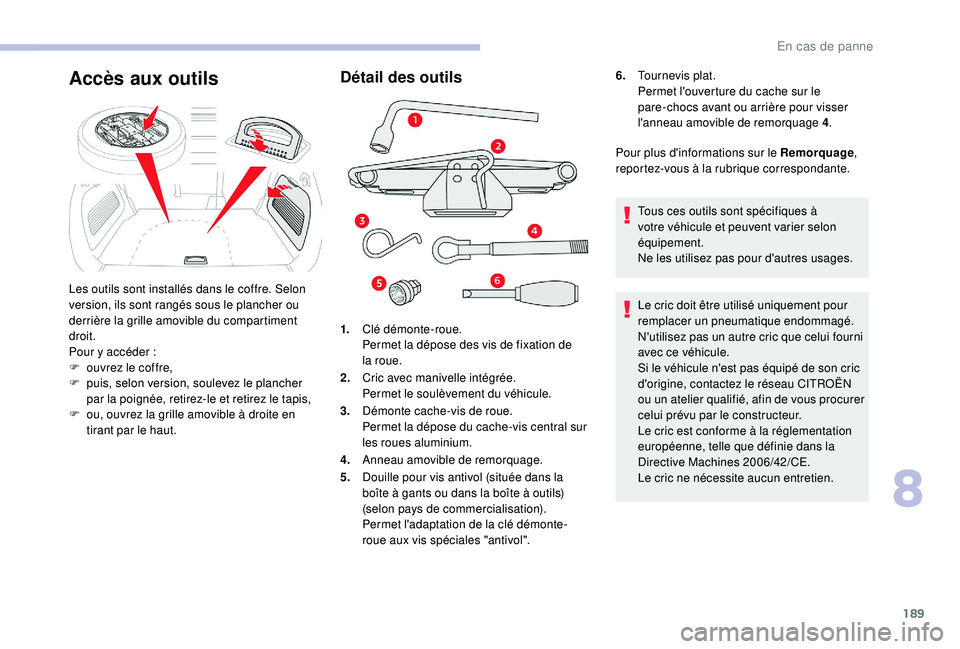 CITROEN C3 AIRCROSS 2019 Notices Demploi (in French) 189
Détail des outils
1.Clé démonte-roue.
Permet la dépose des vis de fixation de
la roue.
2. Cric avec manivelle intégrée.
Permet le soulèvement du véhicule.
3. Démonte cache-vis de roue.
P CITROEN C3 AIRCROSS 2019 Notices Demploi (in French) 189
Détail des outils
1.Clé démonte-roue.
Permet la dépose des vis de fixation de
la roue.
2. Cric avec manivelle intégrée.
Permet le soulèvement du véhicule.
3. Démonte cache-vis de roue.
P