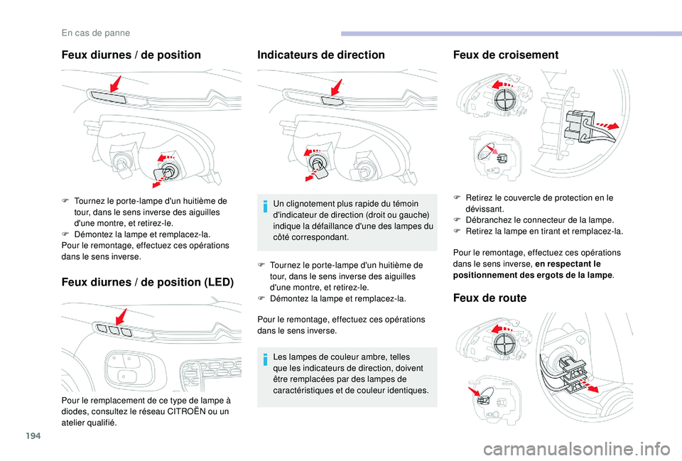 CITROEN C3 AIRCROSS 2019 Notices Demploi (in French) 194
Feux diurnes / de position
F eux diurnes / de position (LED)
Pour le remplacement de ce type de lampe à
diodes, consultez le réseau CITROËN ou un
atelier qualifié. F
T
ournez le porte-la CITROEN C3 AIRCROSS 2019 Notices Demploi (in French) 194
Feux diurnes / de position
F eux diurnes / de position (LED)
Pour le remplacement de ce type de lampe à
diodes, consultez le réseau CITROËN ou un
atelier qualifié. F
T
ournez le porte-la