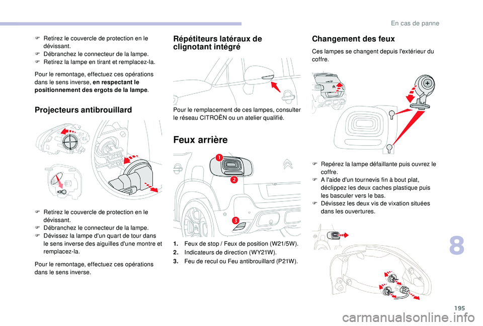 CITROEN C3 AIRCROSS 2019 Notices Demploi (in French) 195
Répétiteurs latéraux de
clignotant intégré
Pour le remplacement de ces lampes, consulter
le réseau CITROËN ou un atelier qualifié.
Feux arrière
Changement des feux
Ces lampes se changen CITROEN C3 AIRCROSS 2019 Notices Demploi (in French) 195
Répétiteurs latéraux de
clignotant intégré
Pour le remplacement de ces lampes, consulter
le réseau CITROËN ou un atelier qualifié.
Feux arrière
Changement des feux
Ces lampes se changen