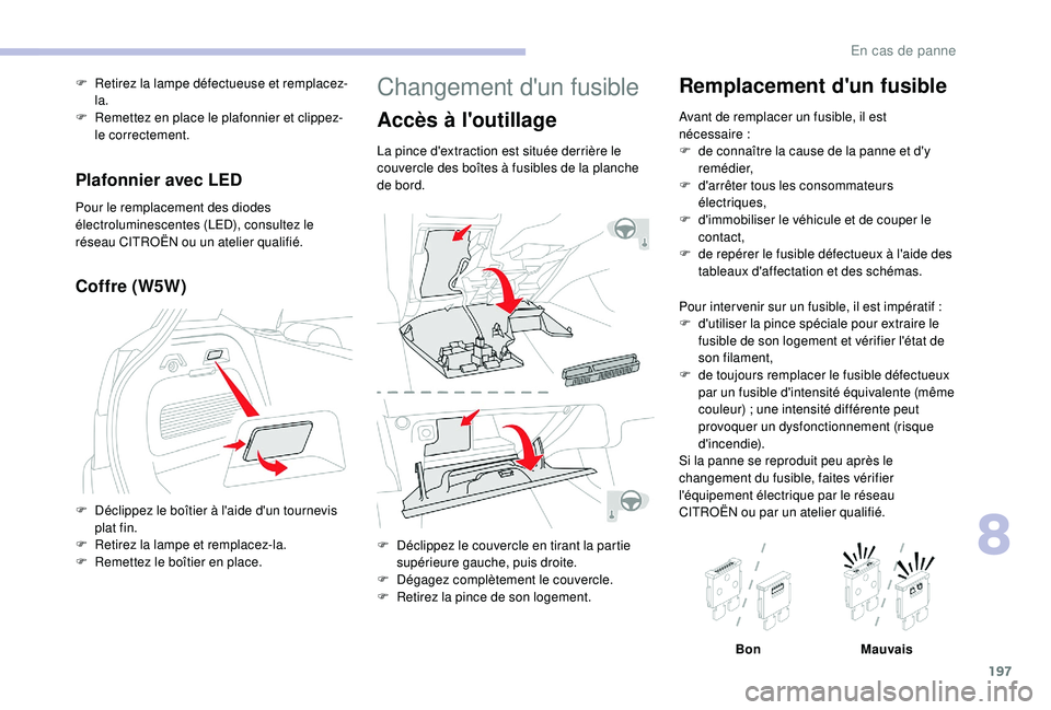 CITROEN C3 AIRCROSS 2019 Notices Demploi (in French) 197
Changement d'un fusible
Accès à l'outillage
La pince d'extraction est située derrière le
couvercle des boîtes à fusibles de la planche
de bord.
F
D
éclippez le couvercle en CITROEN C3 AIRCROSS 2019 Notices Demploi (in French) 197
Changement d'un fusible
Accès à l'outillage
La pince d'extraction est située derrière le
couvercle des boîtes à fusibles de la planche
de bord.
F
D
éclippez le couvercle en