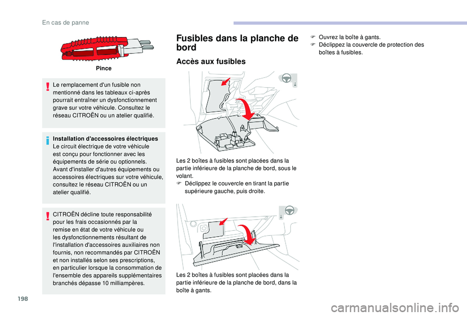 CITROEN C3 AIRCROSS 2019 Notices Demploi (in French) 198
Pince
Le remplacement d'un fusible non
mentionné dans les tableaux ci-après
pourrait entraîner un dysfonctionnement
grave sur votre véhicule. Consultez le
réseau CITROËN ou un atelie CITROEN C3 AIRCROSS 2019 Notices Demploi (in French) 198
Pince
Le remplacement d'un fusible non
mentionné dans les tableaux ci-après
pourrait entraîner un dysfonctionnement
grave sur votre véhicule. Consultez le
réseau CITROËN ou un atelie