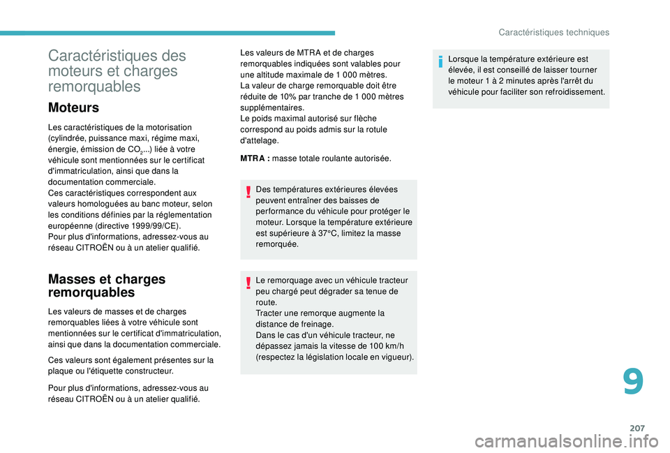 CITROEN C3 AIRCROSS 2019 Notices Demploi (in French) 207
Caractéristiques des
moteurs et charges
remorquables
Moteurs
Les caractéristiques de la motorisation
(cylindrée, puissance maxi, régime maxi,
énergie, émission de CO
2...) liée à votre CITROEN C3 AIRCROSS 2019 Notices Demploi (in French) 207
Caractéristiques des
moteurs et charges
remorquables
Moteurs
Les caractéristiques de la motorisation
(cylindrée, puissance maxi, régime maxi,
énergie, émission de CO
2...) liée à votre