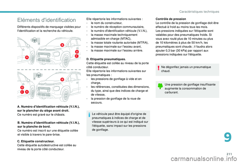 CITROEN C3 AIRCROSS 2019 Notices Demploi (in French) 211
Contrôle de pression
Le contrôle de la pression de gonflage doit être
effectué à froid au moins tous les mois.
Les pressions indiquées sur l'étiquette sont
valables pour des pneumatiq CITROEN C3 AIRCROSS 2019 Notices Demploi (in French) 211
Contrôle de pression
Le contrôle de la pression de gonflage doit être
effectué à froid au moins tous les mois.
Les pressions indiquées sur l'étiquette sont
valables pour des pneumatiq