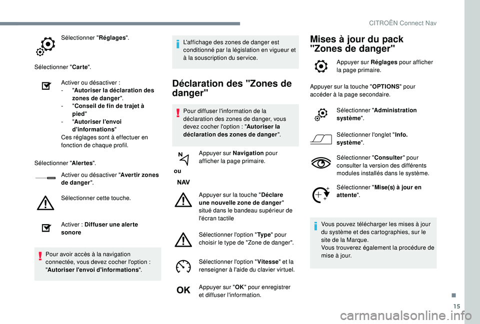 CITROEN C3 AIRCROSS 2019 Notices Demploi (in French) 15
Sélectionner "Réglages".
Sélectionner " Carte".
Activer ou désactiver
:
-
"Autoriser la déclaration des
zones de danger ".
-
"Conseil de fin de trajet à
p CITROEN C3 AIRCROSS 2019 Notices Demploi (in French) 15
Sélectionner "Réglages".
Sélectionner " Carte".
Activer ou désactiver
:
-
"Autoriser la déclaration des
zones de danger ".
-
"Conseil de fin de trajet à
p
