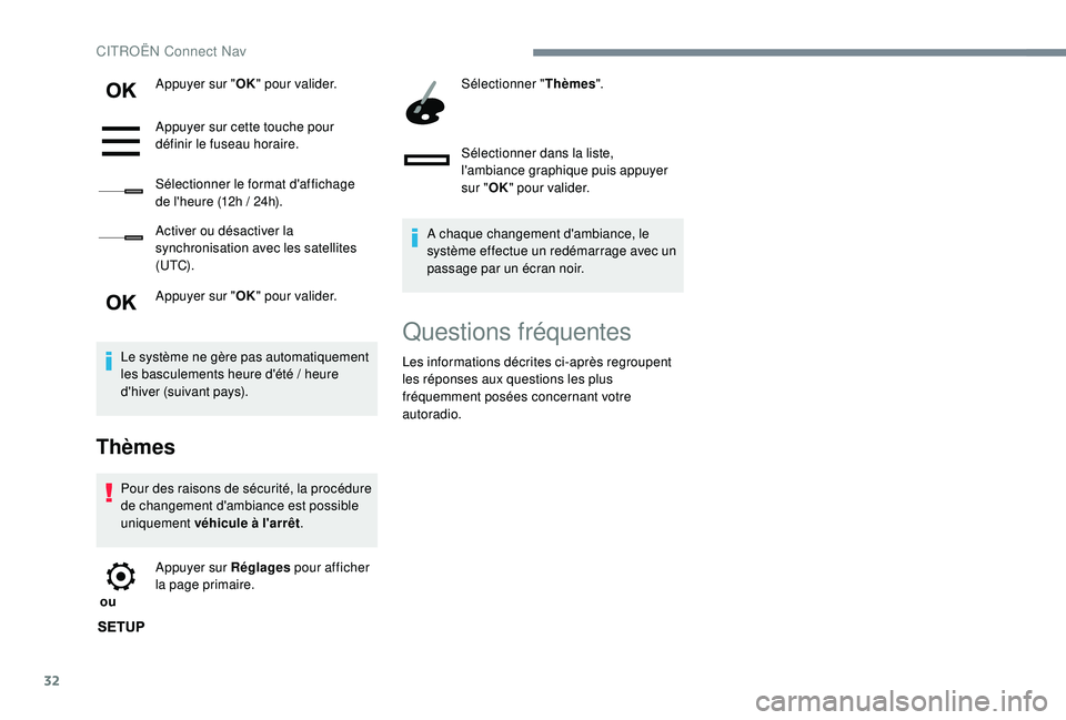 CITROEN C3 AIRCROSS 2019 Notices Demploi (in French) 32
Appuyer sur "OK" pour valider.
Appuyer sur cette touche pour
définir le fuseau horaire.
Sélectionner le format d'affichage
de l'heure (12h
/ 24h).
Activer ou désactiver la
s CITROEN C3 AIRCROSS 2019 Notices Demploi (in French) 32
Appuyer sur "OK" pour valider.
Appuyer sur cette touche pour
définir le fuseau horaire.
Sélectionner le format d'affichage
de l'heure (12h
/ 24h).
Activer ou désactiver la
s