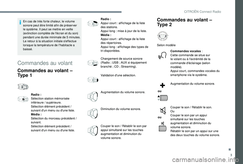 CITROEN C3 AIRCROSS 2019 Notices Demploi (in French) 3
En cas de très forte chaleur, le volume
sonore peut être limité afin de préser ver
le système. Il peut se mettre en veille
(extinction complète de l'écran et du son)
pendant une duré CITROEN C3 AIRCROSS 2019 Notices Demploi (in French) 3
En cas de très forte chaleur, le volume
sonore peut être limité afin de préser ver
le système. Il peut se mettre en veille
(extinction complète de l'écran et du son)
pendant une duré