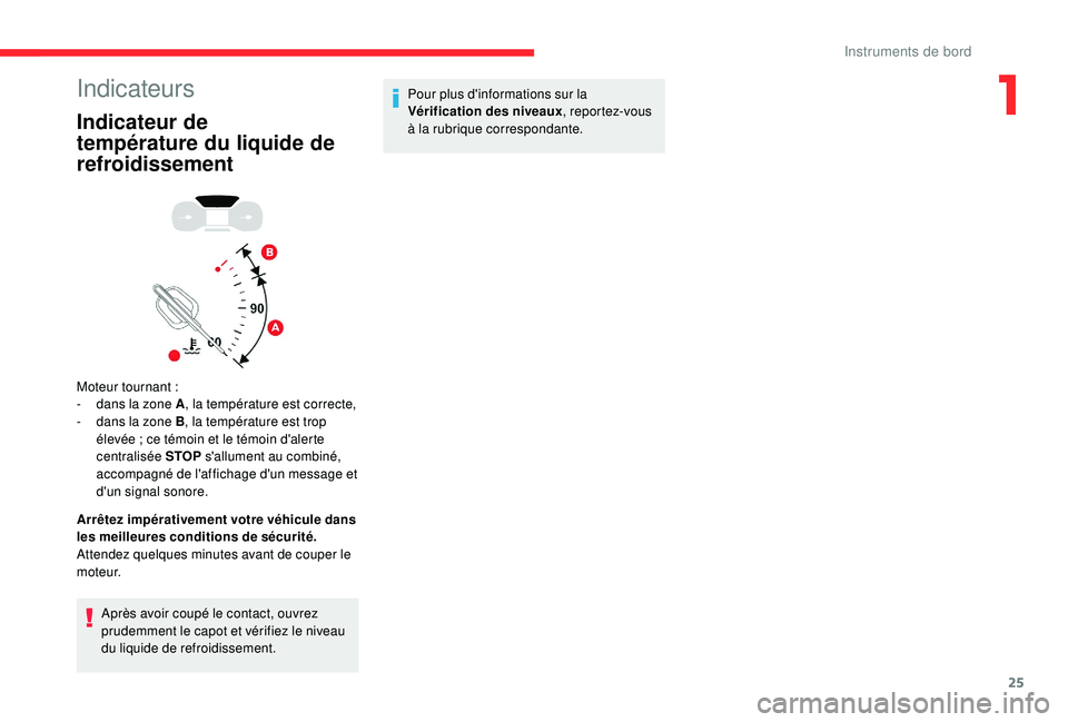 CITROEN C3 AIRCROSS 2019 Notices Demploi (in French) 25
Indicateurs
Indicateur de
température du liquide de
refroidissement
Moteur tournant :
- d ans la zone A , la température est correcte,
-
d
ans la zone B , la température est trop
élevée CITROEN C3 AIRCROSS 2019 Notices Demploi (in French) 25
Indicateurs
Indicateur de
température du liquide de
refroidissement
Moteur tournant :
- d ans la zone A , la température est correcte,
-
d
ans la zone B , la température est trop
élevée