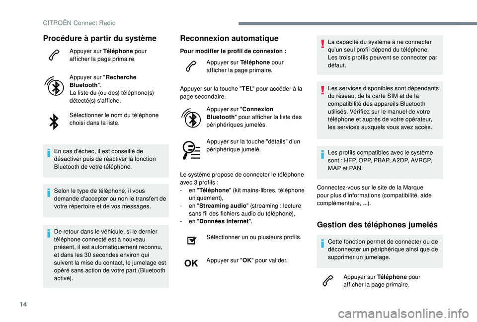CITROEN C3 AIRCROSS 2019 Notices Demploi (in French) 14
Procédure à partir du système
Appuyer sur Téléphone pour
afficher la page primaire.
Appuyer sur " Recherche
Bluetooth ".
La liste du (ou des) téléphone(s)
détecté(s) s'affic CITROEN C3 AIRCROSS 2019 Notices Demploi (in French) 14
Procédure à partir du système
Appuyer sur Téléphone pour
afficher la page primaire.
Appuyer sur " Recherche
Bluetooth ".
La liste du (ou des) téléphone(s)
détecté(s) s'affic