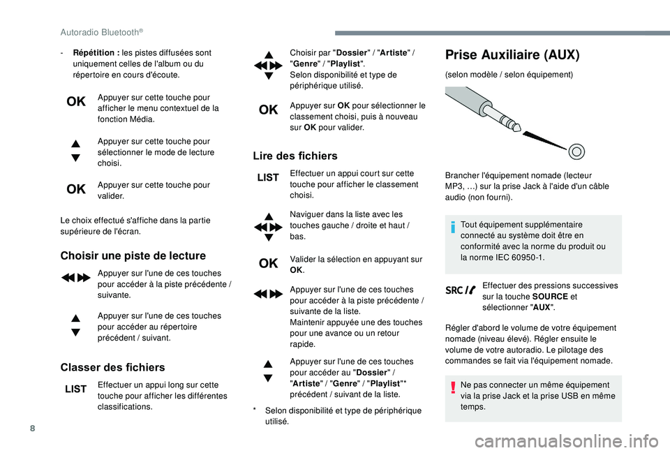 CITROEN C3 AIRCROSS 2019 Notices Demploi (in French) 8
- Répétition : les pistes diffusées sont
uniquement celles de l'album ou du
répertoire en cours d'écoute.
Appuyer sur cette touche pour
afficher le menu contextuel de la
fonction MÃ CITROEN C3 AIRCROSS 2019 Notices Demploi (in French) 8
- Répétition : les pistes diffusées sont
uniquement celles de l'album ou du
répertoire en cours d'écoute.
Appuyer sur cette touche pour
afficher le menu contextuel de la
fonction MÃ