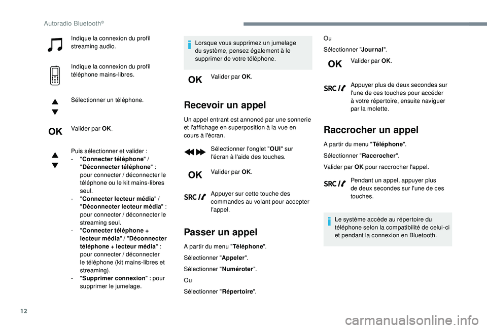 CITROEN C3 AIRCROSS 2019 Notices Demploi (in French) 12
Indique la connexion du profil
streaming audio.
Indique la connexion du profil
téléphone mains-libres.
Sélectionner un téléphone.
Valider par OK.
Puis sélectionner et valider :
-
"Co CITROEN C3 AIRCROSS 2019 Notices Demploi (in French) 12
Indique la connexion du profil
streaming audio.
Indique la connexion du profil
téléphone mains-libres.
Sélectionner un téléphone.
Valider par OK.
Puis sélectionner et valider :
-
"Co