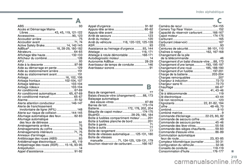 CITROEN C3 AIRCROSS 2019 Notices Demploi (in French) 213
ABS .................................................................93
Accès et Démarrage Mains- Libres
............................... 43, 45 , 11 9 , 121-12 2
Accessoires ................. CITROEN C3 AIRCROSS 2019 Notices Demploi (in French) 213
ABS .................................................................93
Accès et Démarrage Mains- Libres
............................... 43, 45 , 11 9 , 121-12 2
Accessoires .................
