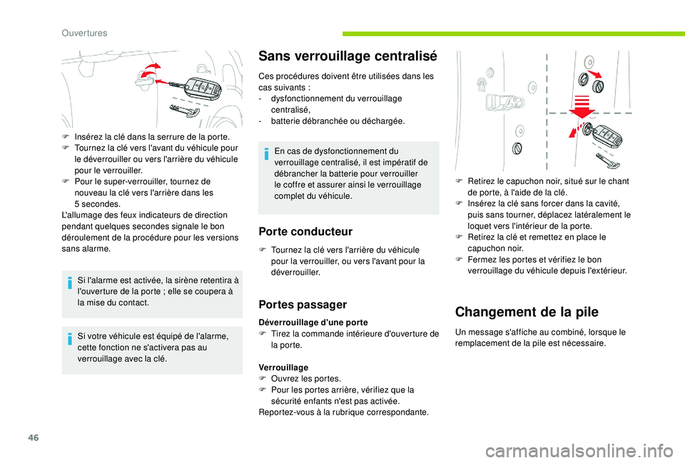 CITROEN C3 AIRCROSS 2019 Notices Demploi (in French) 46
Si l'alarme est activée, la sirène retentira à
l'ouverture de la porte ; elle se coupera à
la mise du contact.
Si votre véhicule est équipé de l'alarme,
cette fonction ne s CITROEN C3 AIRCROSS 2019 Notices Demploi (in French) 46
Si l'alarme est activée, la sirène retentira à
l'ouverture de la porte ; elle se coupera à
la mise du contact.
Si votre véhicule est équipé de l'alarme,
cette fonction ne s