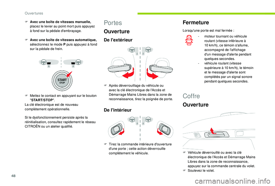 CITROEN C3 AIRCROSS 2019 Notices Demploi (in French) 48
F Avec une boîte de vitesses manuelle, placez le levier au point mort puis appuyez
à fond sur la pédale d'embrayage.
F
A
vec une boîte de vitesses automatique,
sélectionnez le mode P CITROEN C3 AIRCROSS 2019 Notices Demploi (in French) 48
F Avec une boîte de vitesses manuelle, placez le levier au point mort puis appuyez
à fond sur la pédale d'embrayage.
F
A
vec une boîte de vitesses automatique,
sélectionnez le mode P