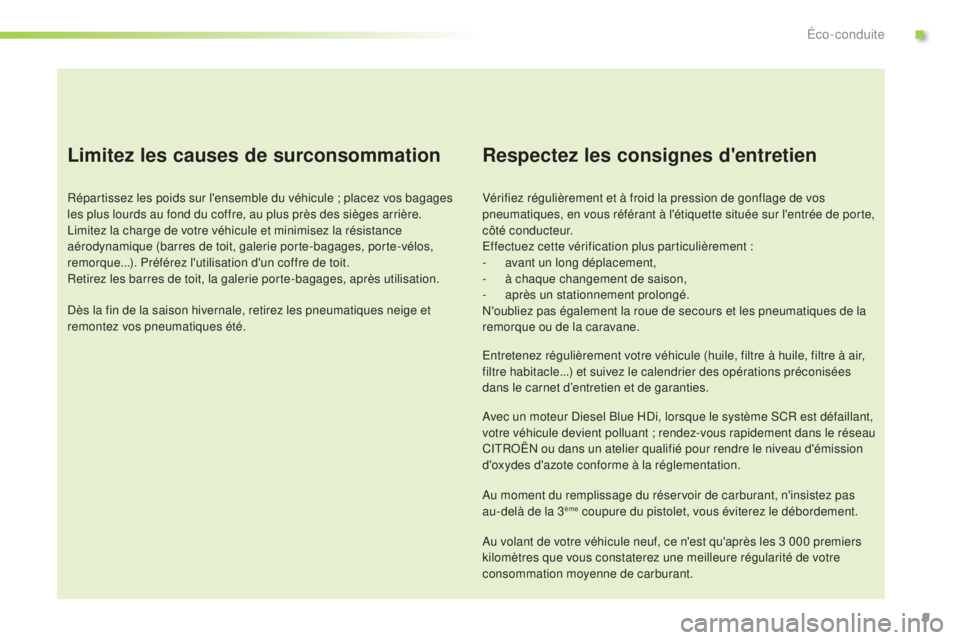 CITROEN C3 PICASSO 2015 Notices Demploi (in French) 9
Limitez les causes de surconsommation
Répartissez les poids sur l'ensemble du véhicule ; placez vos bagages
les plus lourds au fond du coffre, au plus près des sièges arrière.
li
mitez la CITROEN C3 PICASSO 2015 Notices Demploi (in French) 9
Limitez les causes de surconsommation
Répartissez les poids sur l'ensemble du véhicule ; placez vos bagages
les plus lourds au fond du coffre, au plus près des sièges arrière.
li
mitez la