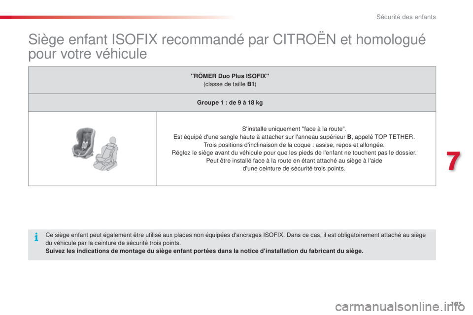 CITROEN C3 PICASSO 2015 Notices Demploi (in French) 103
siège enfant isoFiX r ecommandé par Ci tRoËn et homologué
pour votre véhicule
"RÖMER Duo Plus ISOFIX"
(classe de taille B1 )
Groupe 1 : de 9 à 18 kg
s'
installe uniquement & CITROEN C3 PICASSO 2015 Notices Demploi (in French) 103
siège enfant isoFiX r ecommandé par Ci tRoËn et homologué
pour votre véhicule
"RÖMER Duo Plus ISOFIX"
(classe de taille B1 )
Groupe 1 : de 9 à 18 kg
s'
installe uniquement &