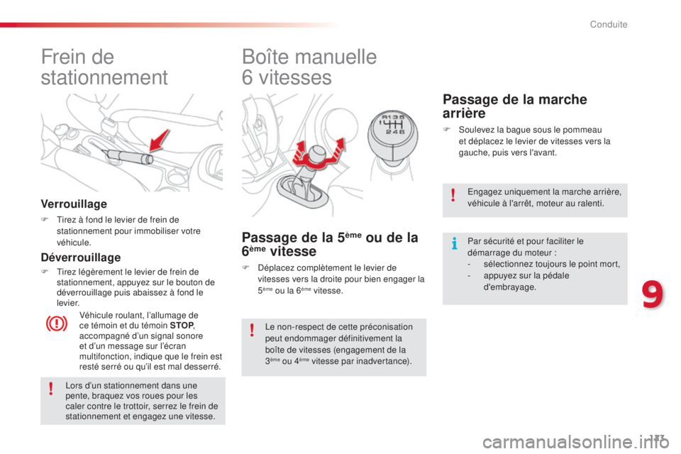CITROEN C3 PICASSO 2015 Notices Demploi (in French) 123
Frein de
stationnement
Verrouillage
F tirez à fond le levier de frein de stationnement pour immobiliser votre
véhicule.
Véhicule roulant, l’allumage de
ce témoin et du témoin STOP ,
ac CITROEN C3 PICASSO 2015 Notices Demploi (in French) 123
Frein de
stationnement
Verrouillage
F tirez à fond le levier de frein de stationnement pour immobiliser votre
véhicule.
Véhicule roulant, l’allumage de
ce témoin et du témoin STOP ,
ac