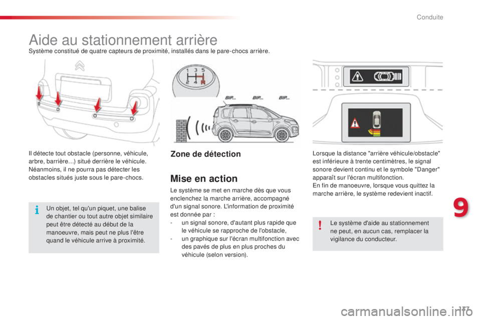 CITROEN C3 PICASSO 2015 Notices Demploi (in French) 137
aide au stationnement arrièresystème constitué de quatre capteurs de proximité, installés dans le pare-chocs arrière.
il d
étecte tout obstacle (personne, véhicule,
arbre, barrière…) s CITROEN C3 PICASSO 2015 Notices Demploi (in French) 137
aide au stationnement arrièresystème constitué de quatre capteurs de proximité, installés dans le pare-chocs arrière.
il d
étecte tout obstacle (personne, véhicule,
arbre, barrière…) s