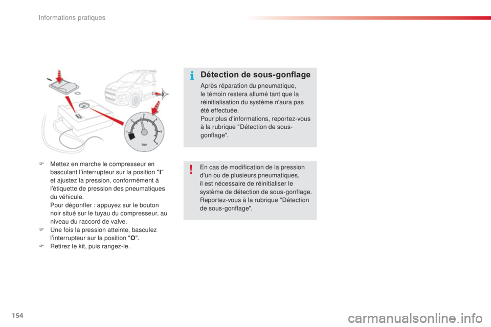 CITROEN C3 PICASSO 2015  Notices Demploi (in French) 154
F Mettez en marche le compresseur en basculant l’interrupteur sur la position " I" 
et ajustez la pression, conformément à 
l’étiquette de pression des pneumatiques 
du véhicule.
 