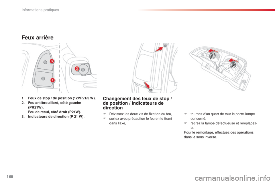 CITROEN C3 PICASSO 2015  Notices Demploi (in French) 168
Feux arrière
1. Feux de stop / de position (12VP21/5 W).
2. Feu antibrouillard, côté gauche 
(PR 21W ).  
 
 
F
 eu de recul, côté droit (P21W).
3.
 I

ndicateurs de direction (P 21 W).Change