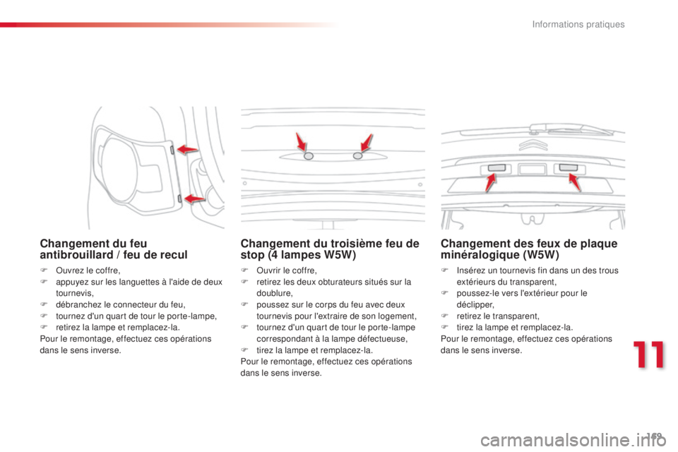 CITROEN C3 PICASSO 2015 Notices Demploi (in French) 169
Changement du feu
antibrouillard / feu de recul
F ouvrez le coffre,
F
a ppuyez sur les languettes à l'aide de deux
tournevis,
F
d
ébranchez le connecteur du feu,
F
t
ournez d' CITROEN C3 PICASSO 2015 Notices Demploi (in French) 169
Changement du feu
antibrouillard / feu de recul
F ouvrez le coffre,
F
a ppuyez sur les languettes à l'aide de deux
tournevis,
F
d
ébranchez le connecteur du feu,
F
t
ournez d'