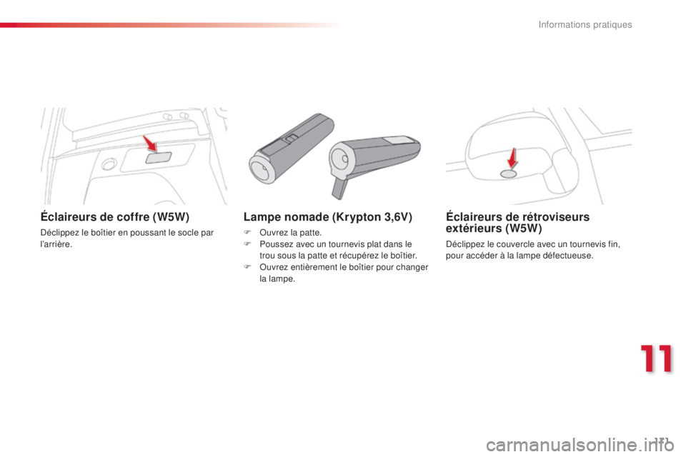 CITROEN C3 PICASSO 2015 Notices Demploi (in French) 171
Lampe nomade (Krypton 3,6V)
F ouvrez la patte.
F P oussez avec un tournevis plat dans le
trou sous la patte et récupérez le boîtier.
F
o
u
vrez entièrement le boîtier pour changer
la la CITROEN C3 PICASSO 2015 Notices Demploi (in French) 171
Lampe nomade (Krypton 3,6V)
F ouvrez la patte.
F P oussez avec un tournevis plat dans le
trou sous la patte et récupérez le boîtier.
F
o
u
vrez entièrement le boîtier pour changer
la la