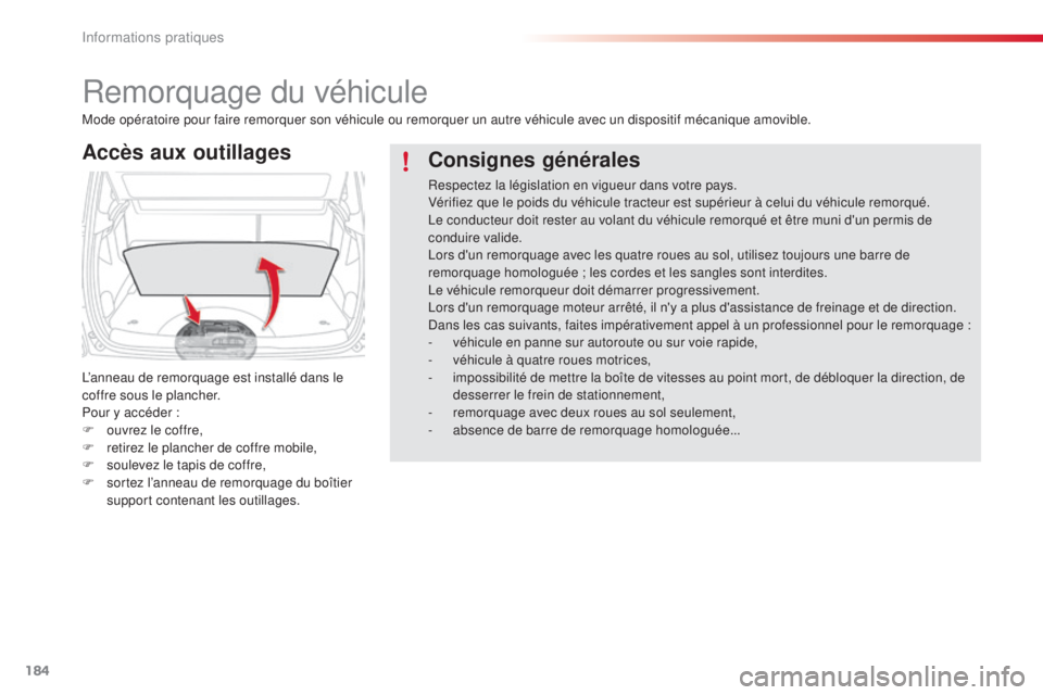 CITROEN C3 PICASSO 2015 Notices Demploi (in French) 184
Remorquage du véhicule
Accès aux outillages
l’anneau de remorquage est installé dans le
coffre sous le plancher.
Pour y accéder :
F
o
uvrez le coffre,
F
re
tirez le plancher de coffre CITROEN C3 PICASSO 2015 Notices Demploi (in French) 184
Remorquage du véhicule
Accès aux outillages
l’anneau de remorquage est installé dans le
coffre sous le plancher.
Pour y accéder :
F
o
uvrez le coffre,
F
re
tirez le plancher de coffre