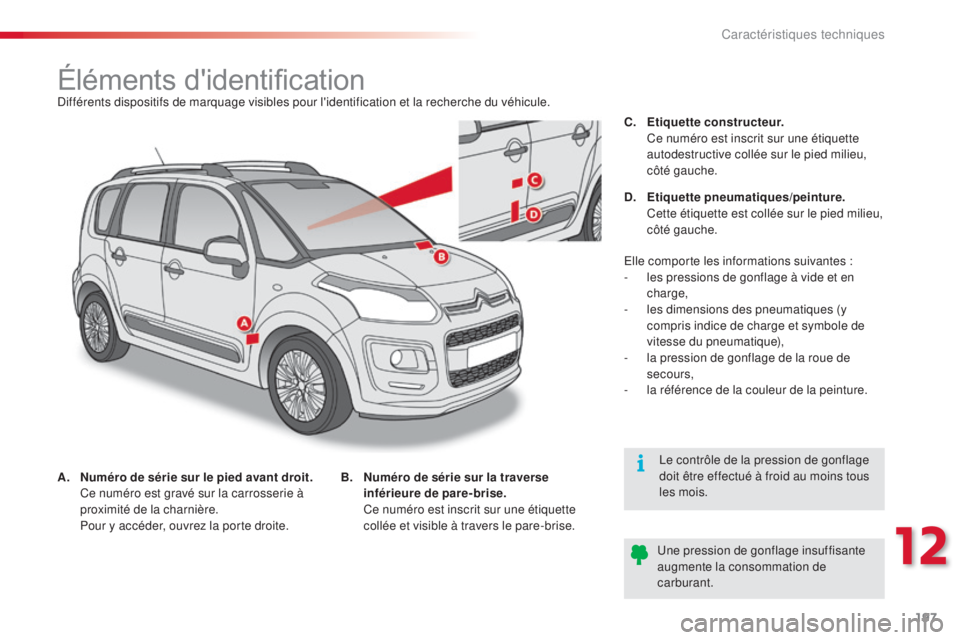 CITROEN C3 PICASSO 2015 Notices Demploi (in French) 197
Éléments d'identificationdifférents dispositifs de marquage visibles pour l'identification et la recherche du véhicule.
A.
N
uméro de série sur le pied avant droit.
C
e numéro e CITROEN C3 PICASSO 2015 Notices Demploi (in French) 197
Éléments d'identificationdifférents dispositifs de marquage visibles pour l'identification et la recherche du véhicule.
A.
N
uméro de série sur le pied avant droit.
C
e numéro e