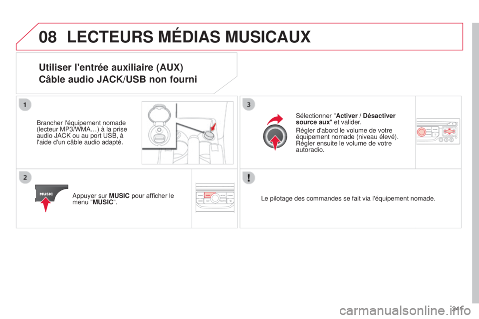 CITROEN C3 PICASSO 2015  Notices Demploi (in French) 08
241
LECTEURS MÉDIAS MUSICAUX
Utiliser l'entrée auxiliaire (AUX)
Câble audio JACK/USB non fourni
Brancher l'équipement nomade 
(lecteur MP3/WMa …) à la prise 
audio J
a CK ou au port 