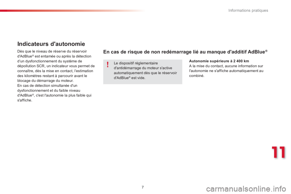 CITROEN C3 PICASSO 2015  Notices Demploi (in French) 11
Informations pratiques
7
   
 
 
 
 
Indicateurs dautonomie 
 
 
Dès que le niveau de réser ve du réser voir 
dAdBlue ®   est entamée ou après la détection 
d’un dysfonctionnement du sys