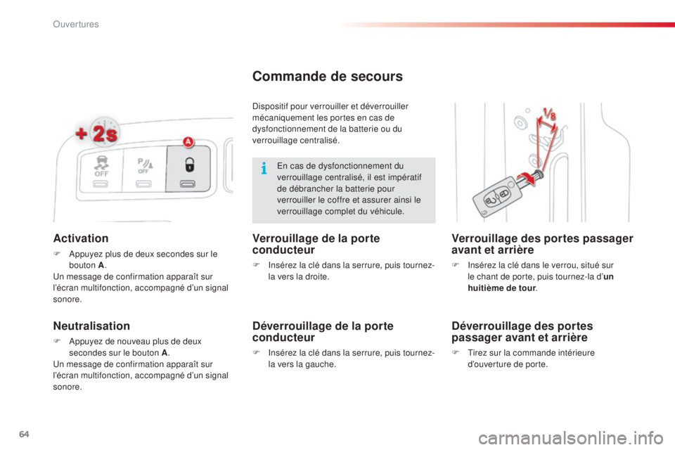 CITROEN C3 PICASSO 2015  Notices Demploi (in French) 64
Activation
F  appuyez plus de deux secondes sur le bouton A .
un m

essage de confirmation apparaît sur 
l’écran multifonction, accompagné d’un signal 
sonore.
Neutralisation
F  appuyez de n