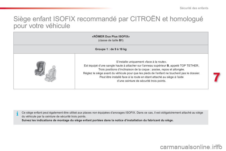 CITROEN C3 PICASSO 2014  Notices Demploi (in French) 7
Sécurité des enfants
111
   
 
 
 
 
 
 
 
 
 
 
 
 
 
 
 
Siège enfant ISOFIX recommandé par CITROËN et homologué 
pour votre véhicule  
 
«RÖMER Duo Plus ISOFIX»(classe de taille B1 ) 
 