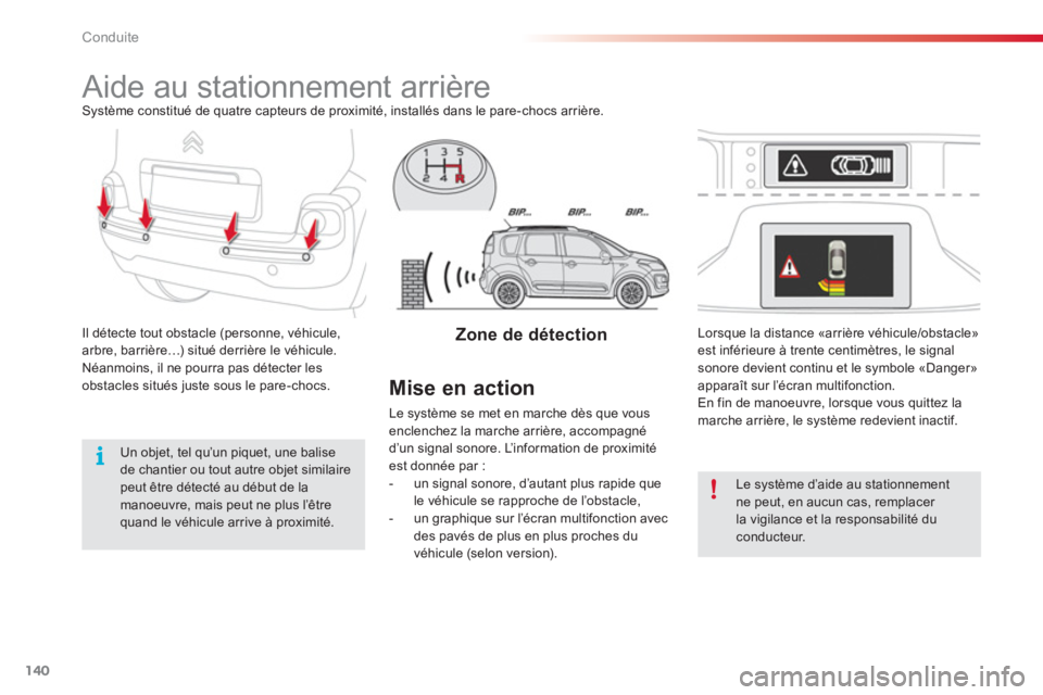 CITROEN C3 PICASSO 2014  Notices Demploi (in French) Conduite
140
   
 
 
 
 
Aide au stationnement arrière Système constitué de quatre capteurs de proximité, installés dans le pare-chocs arrière. 
Il détecte tout obstacle 
(personne, véhicule, 