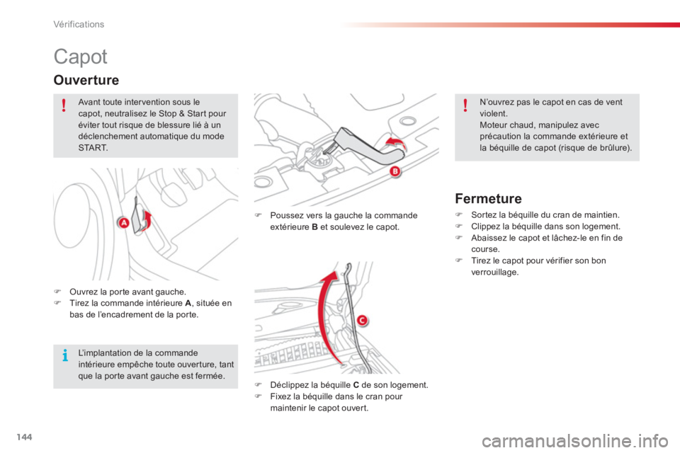 CITROEN C3 PICASSO 2014  Notices Demploi (in French) Vér if ic ations
144
   
 
 
 
 
 
 
 
 
 
 
Capot 
�) 
  Poussez vers la gauche la commande extérieure  B 
 et soulevez le capot. 
�) 
 Déclippez la béquille  Cde son logement. �) 
  Fixez la bé