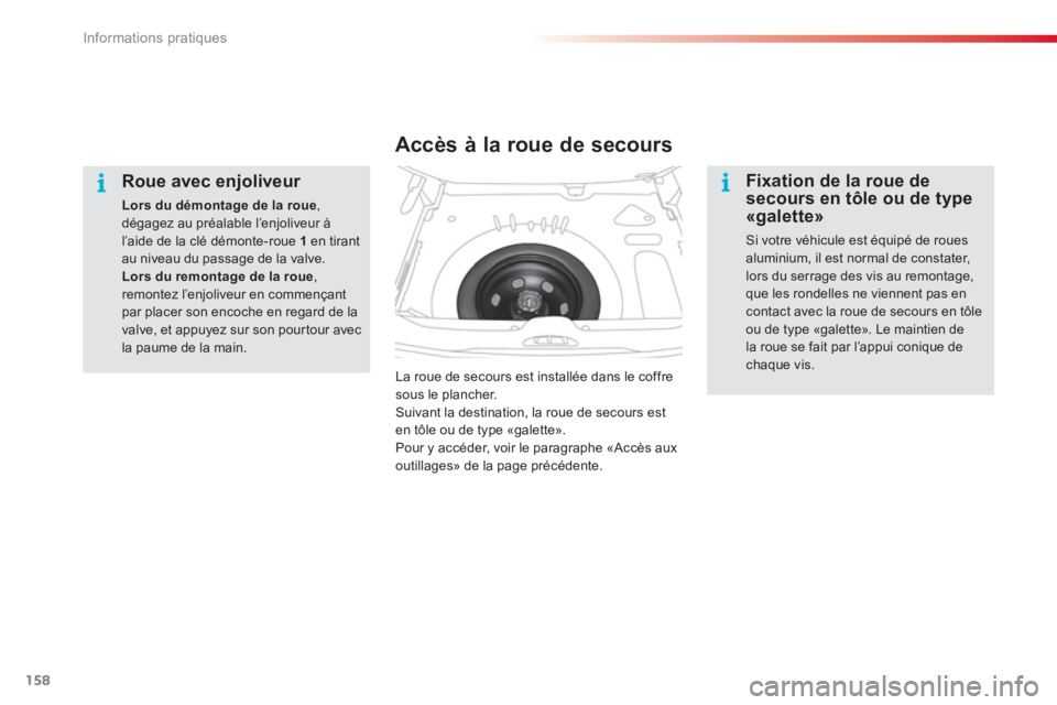 CITROEN C3 PICASSO 2014  Notices Demploi (in French) Informations pratiques
158
   
Roue avec enjoliveur 
Lors du démontage de la roue , dégagez au préalable l’enjoliveur à l’aide de la clé démonte-roue 1en tirant au niveau du passage de la va