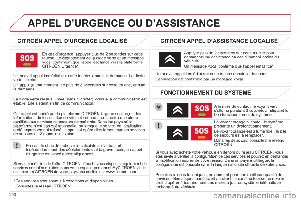 CITROEN C3 PICASSO 2014 Notices Demploi (in French) 200
APPEL D’URGENCE OU D’ASSISTANCE
CITROËN APPEL D’URGENCE LOCALISÉ
En cas d’urgence, appuyer plus de 2 secondes sur cette
touche. Le clignotement de la diode verte et un CITROEN C3 PICASSO 2014 Notices Demploi (in French) 200
APPEL D’URGENCE OU D’ASSISTANCE
CITROËN APPEL D’URGENCE LOCALISÉ
En cas d’urgence, appuyer plus de 2 secondes sur cette
touche. Le clignotement de la diode verte et un