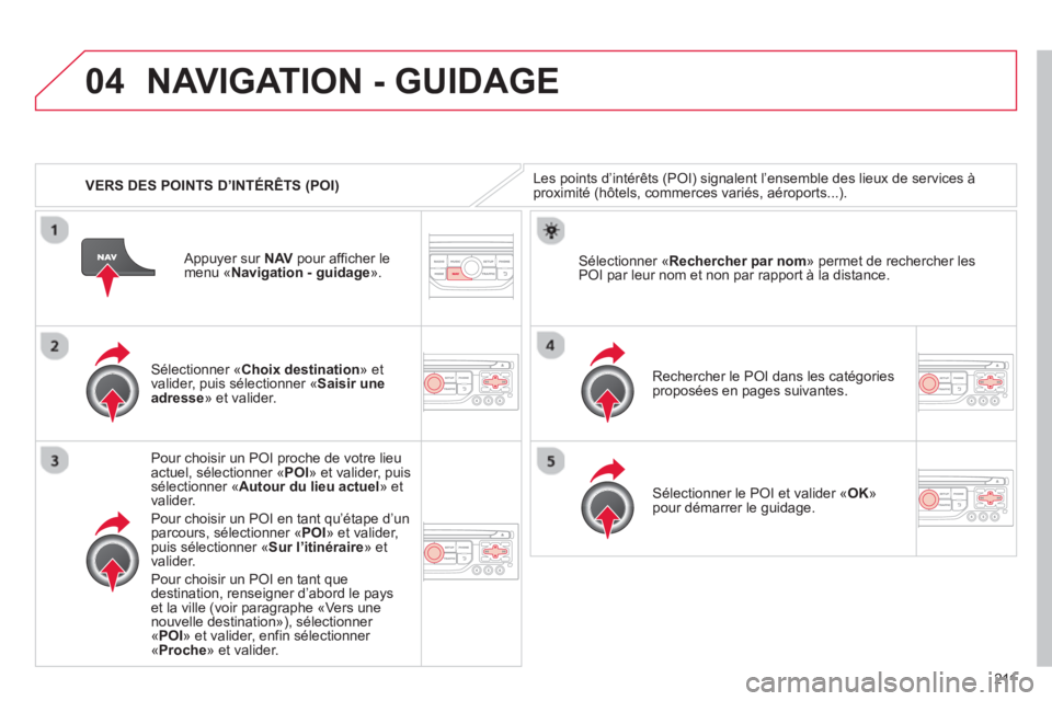CITROEN C3 PICASSO 2014 Notices Demploi (in French) 211
04
VERS DES POINTS D’INTÉRÊTS (POI)
NAVIGATION - GUIDAGE
Les points d’intérêts (POI) signalent l’ensemble des lieux de services à proximité (hôtels, commerces variés, aéroports CITROEN C3 PICASSO 2014 Notices Demploi (in French) 211
04
VERS DES POINTS D’INTÉRÊTS (POI)
NAVIGATION - GUIDAGE
Les points d’intérêts (POI) signalent l’ensemble des lieux de services à proximité (hôtels, commerces variés, aéroports