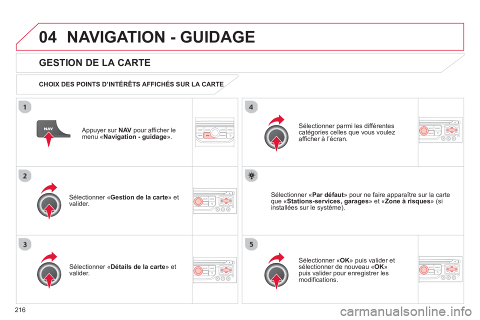 CITROEN C3 PICASSO 2014 Notices Demploi (in French) 216
04NAVIGATION - GUIDAGE
Appuyer sur NAVpour afficher le menu «Navigation - guidage».
GESTION DE LA CARTE
CHOIX DES POINTS D’INTÉRÊTS AFFICHÉS SUR LA CARTE
Sélectionner «Gest CITROEN C3 PICASSO 2014 Notices Demploi (in French) 216
04NAVIGATION - GUIDAGE
Appuyer sur NAVpour afficher le menu «Navigation - guidage».
GESTION DE LA CARTE
CHOIX DES POINTS D’INTÉRÊTS AFFICHÉS SUR LA CARTE
Sélectionner «Gest