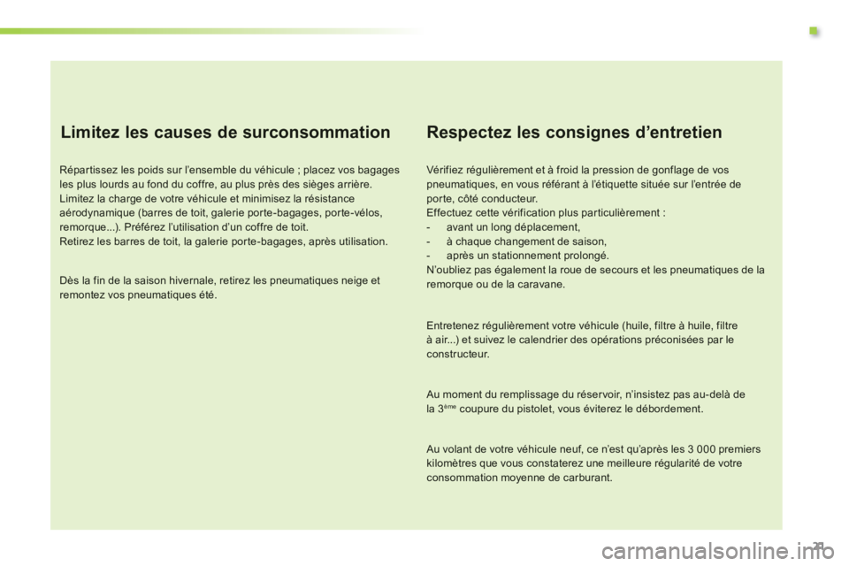 CITROEN C3 PICASSO 2014 Notices Demploi (in French) .
21
Limitez les causes de surconsommation
Répartissez les poids sur l’ensemble du véhicule ; placez vos bagagesles plus lourds au fond du coffre, au plus près des sièges arrière. Limitez l CITROEN C3 PICASSO 2014 Notices Demploi (in French) .
21
Limitez les causes de surconsommation
Répartissez les poids sur l’ensemble du véhicule ; placez vos bagagesles plus lourds au fond du coffre, au plus près des sièges arrière. Limitez l