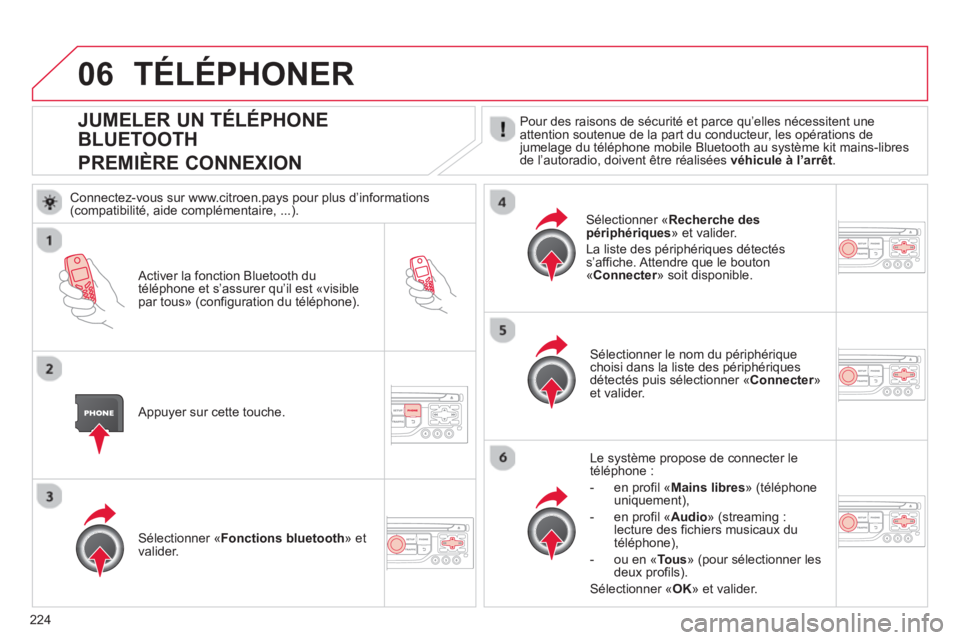 CITROEN C3 PICASSO 2014  Notices Demploi (in French) 224
06
JUMELER UN TÉLÉPHONE
BLUETOOTH  
PREMIÈRE CONNEXION   Pour des raisons de sécurité et parce qu’elles nécessitent une 
attention soutenue de la part du conducteur, les opérations de
jum