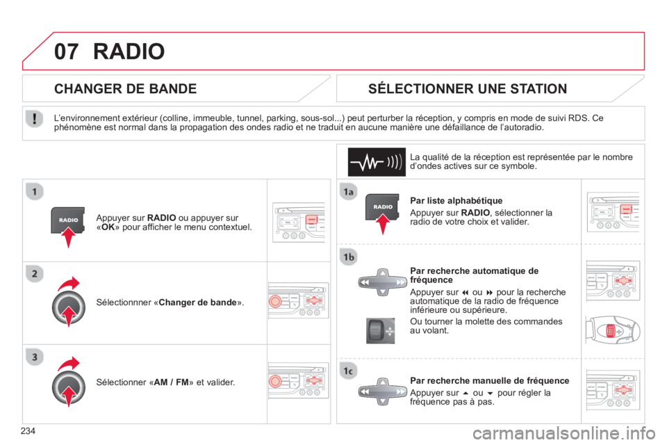 CITROEN C3 PICASSO 2014  Notices Demploi (in French) 234
07RADIO 
   
Par liste alphabétique
  Appu
yer sur  RADIO, sélectionner la 
radio de votre choix et valider.
   
Par recherche automati
que de fréquence 
 
Appuyer sur  �ou � 
 pour la recher