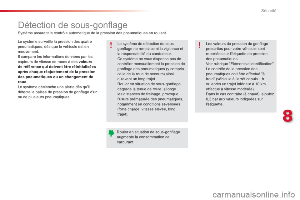 CITROEN C3 PICASSO 2014 Notices Demploi (in French) 8
Sécurité
3
Détection de sous-gonfl age
Système assurant le contrôle automatique de la pression des pneumatiques en roulant.
Le système sur veille la pression des qua CITROEN C3 PICASSO 2014 Notices Demploi (in French) 8
Sécurité
3
Détection de sous-gonfl age
Système assurant le contrôle automatique de la pression des pneumatiques en roulant.
Le système sur veille la pression des qua
