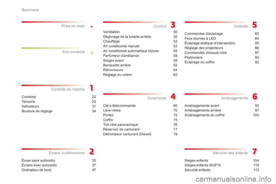 CITROEN C3 PICASSO 2014  Notices Demploi (in French) .
.
Sommaire
Sièges enfants 104
Sièges enfants ISOFIX  110
Sécurité enfants  113
Sécurité des enfants
Combiné 22
Témoins 23
Indicateurs 31
Boutons de réglage 34
Contrôle de marchePrise en ma