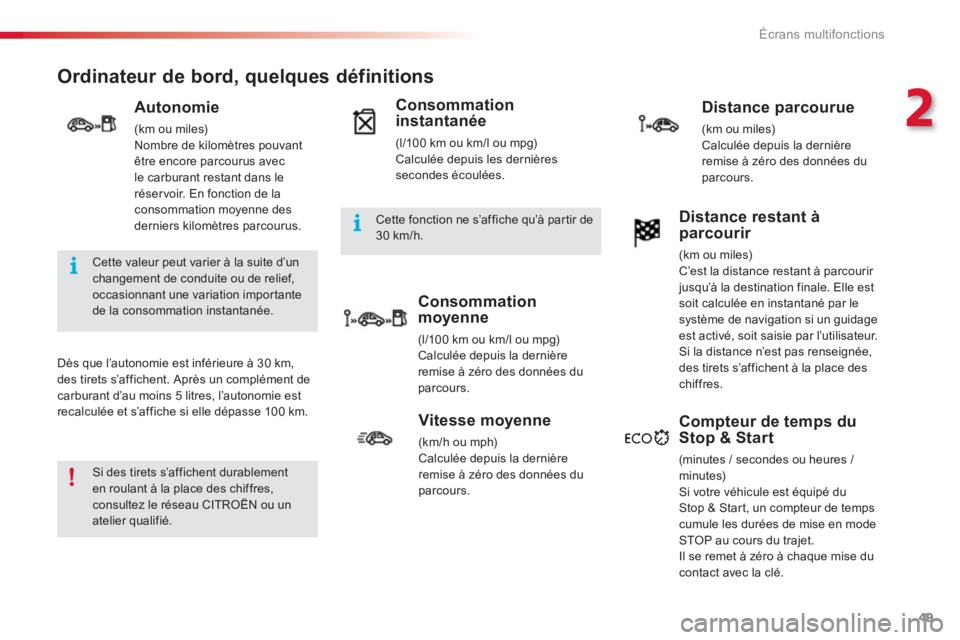 CITROEN C3 PICASSO 2014  Notices Demploi (in French) 2
Écrans multifonctions
49
   
 
 
 
 
Ordinateur de bord, quelques définitions 
 
 
Dès que l’autonomie est inférieure à 30 km, 
des tirets s’affichent. Après un complément decarburant d�