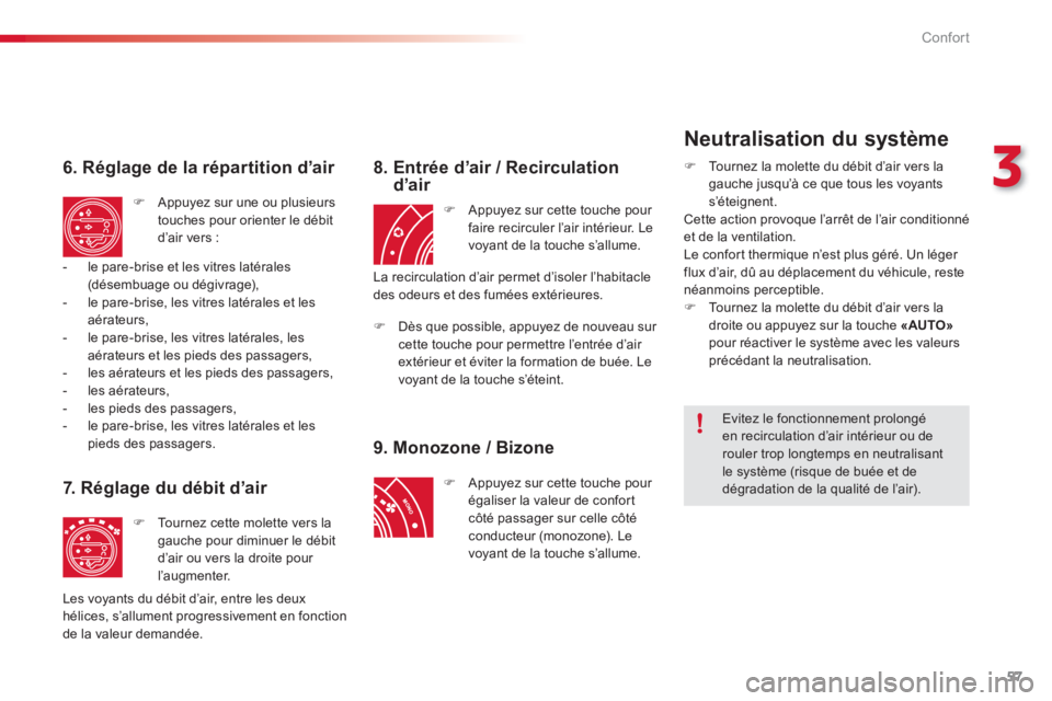 CITROEN C3 PICASSO 2014  Notices Demploi (in French) 3
Confort
57
   
6. Réglage de la répartition d’air 
�) 
 Appuyez sur une ou plusieurs 
touches pour orienter le débit
d’air vers :
   
7.  R églage du débit d’air 
�) 
 To urnez cette mole