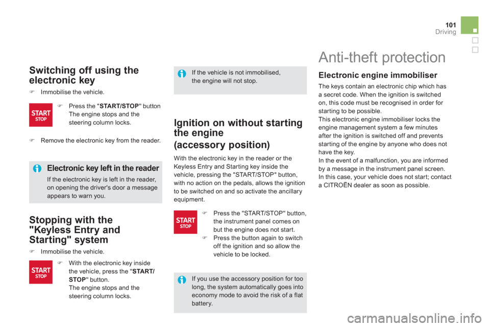 Citroen DS5 2013 1.G Owners Manual 101Driving
   
Switching off using the 
electronic key
�)Immobilise the vehicle. 
 
 
Electronic key left in the reader 
 
If the electronic key is left in the reader, on opening the drivers door a m